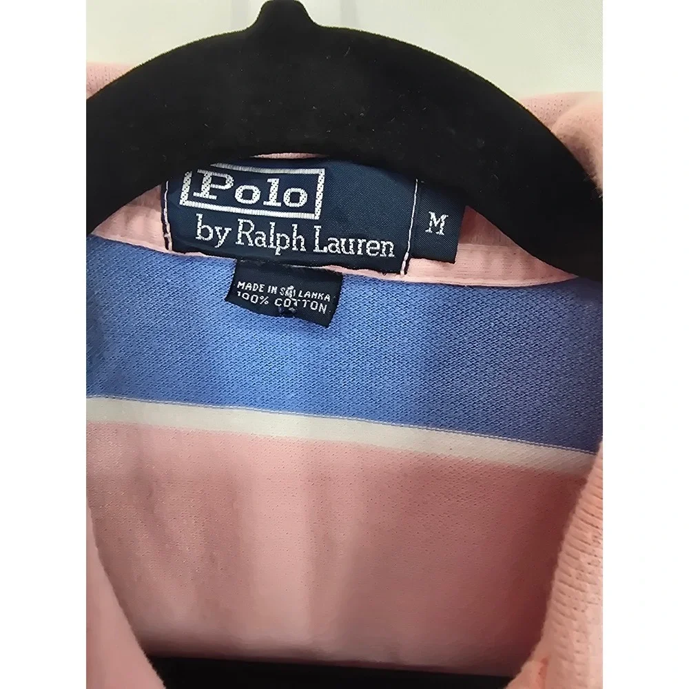 Polo Ralph Lauren Mens Medium Pink Blue Striped Short Sleeve Pique Polo Shirt